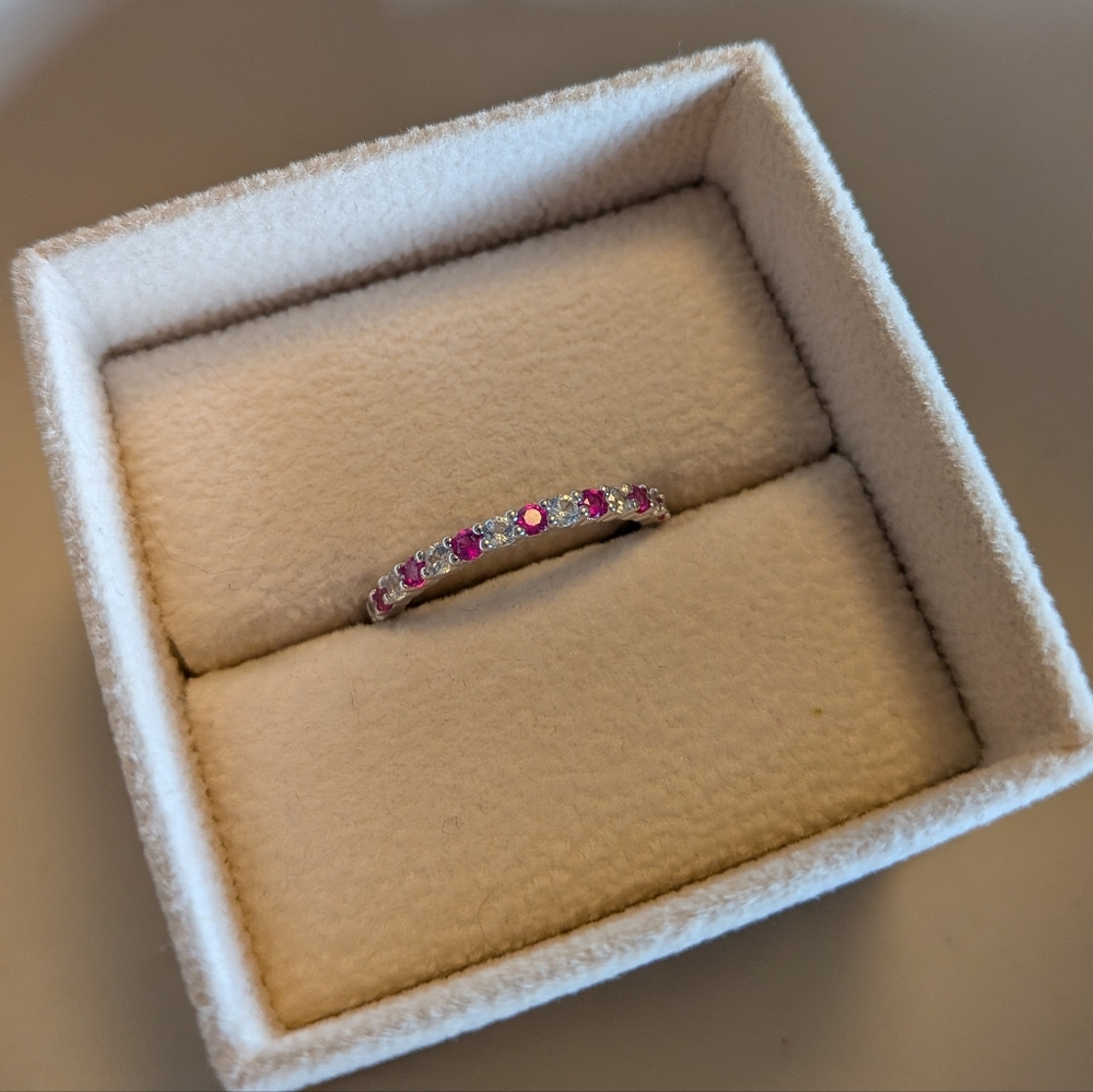 Rhodium Plated Sterling Silver Semi Eternity Ring With Ruby And CZ